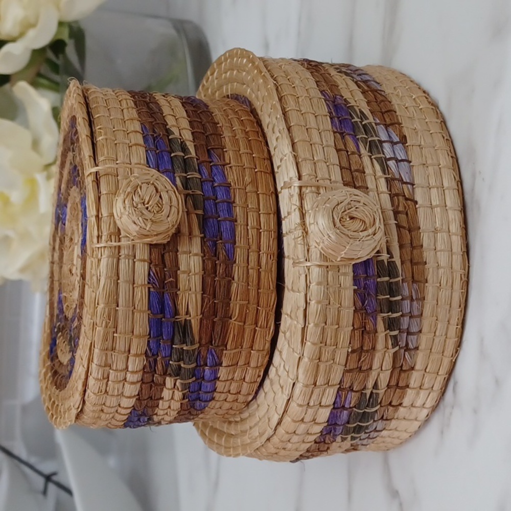 Vintage Small Lidded Baskets Woven Baskets Round Baskets Storage Boho Artisan